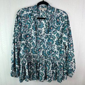 Loft Whisper White Bohemian Dream Paisley Split Neck Peplum Blouse Medium‎